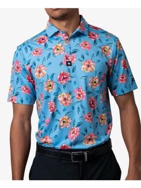 BAD BIRDIE Les Fluers Print Short Sleeve Polo Blue Women's Large Golf